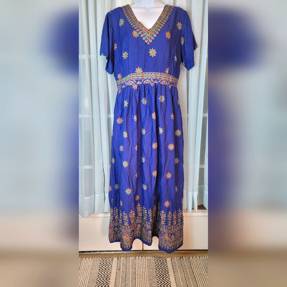 Lapogee Indi Boho Maxi Dress Sz L Blue V Neck Tribal Ethnic Beachy Festival